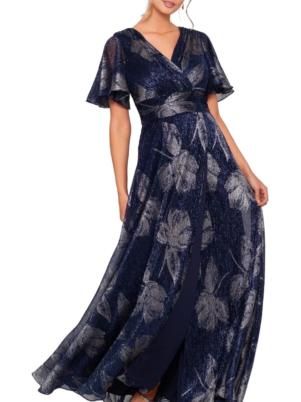 Betsy & Adam Navy and Silver Floral Maxi Dress. Perfect for MOB/MOG